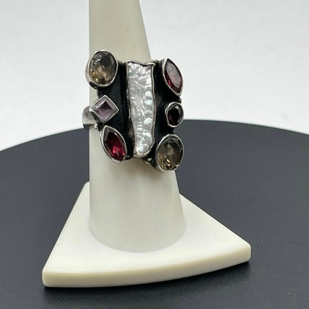 Sterling Silver Vintage Baroque Pearl MultiGemstone‎ Citrine Amethyst Ring  7.75